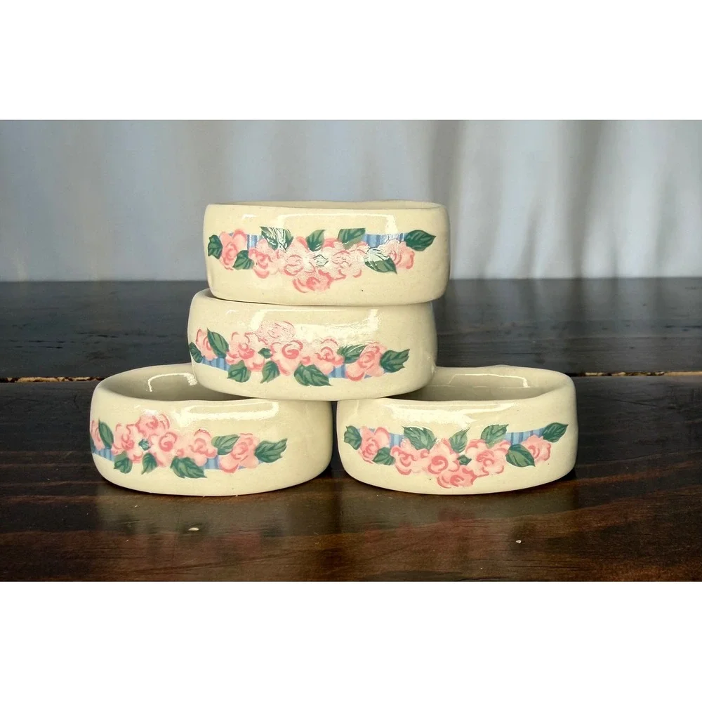 VTG Tienshan Ceramic Pig Pals Napkin Rings‎ Set of 4 Cottagecore Cream Blue
